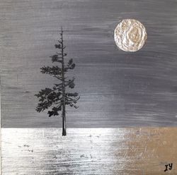 minimalist painting moon original art zen artwork silver leaf painting by artroom22