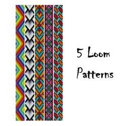 5 loom bead patterns bracelet, ethnic seed beading patterns, thin beaded looming pattern pdf digital