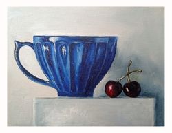 cherry painting still life original art tea cup painting fruit still life cherry artwork dining room wall art