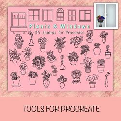 procreate plants stamps, procreate windows stamps, procreate flower stamps, doodle stamps, digital stamps, sketch stamps