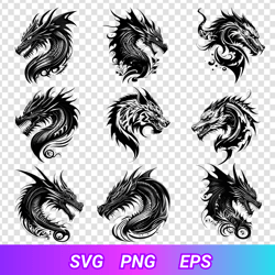 collection dragons tattoo, svg, png, eps,  designs t-shirt, set dragons digital