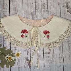 mushroom collar, detachable collar with embroidered mushrooms, woman collar