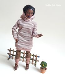 curvy barbie dress set fashion doll outfit beige brown hooded striped dress socks boots sport sweatshirt dress casual