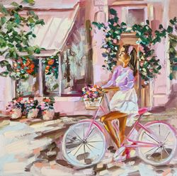 london painting girl original art cityscape oil painting bicycle wall art