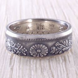 silver coin ring (japan) flower and leaves