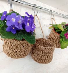 hanging storage baskets, wall-mounted flower pots, crocheted jute basket