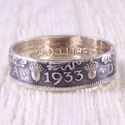 silver coin ring (great britain) oak acorns, 6 pence