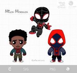 3 chibi miles morales svg cut file, baby spiderman spiderverse, cartoon spider boy, black spiderman vector