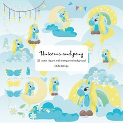 vector clipart with unicorns, clipart with pony, vector clipart, pony illustration, unicorn baby