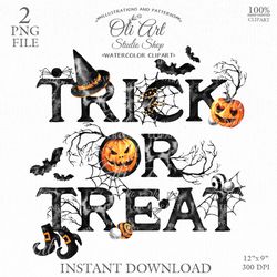 Trick or treat. Happy Halloween clipart. Fall, spider, wreath, pumpkin. Design Digital Download. OliArtStudioShop