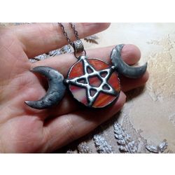 hecate necklace, pentacle, moon goddess, stained glass moon, moon phase necklace, stainglass crescent, full moon pendant