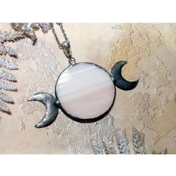 hecate necklace, moon goddess, stained glass moon, moon phase necklace, stainglass pink moon crescent, full moon pendant