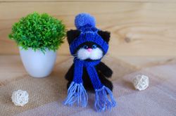 cat stuffed animal is toy black cat. crochet cat in clothing is cat lover gift. amigurumi is best friend gift.