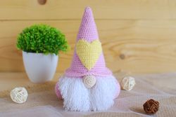 crochet gnome heart is interior toy. valentine gnome is best friend gift or cute home decor.