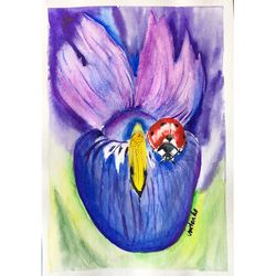 ladybug on lupine painting beetle original art floral artwork flower watercolor bug wall art