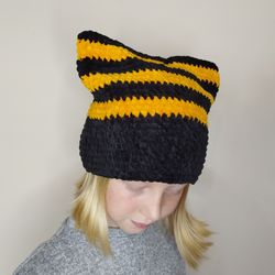 halloween beanie with ears cat ears beanie crochet striped beanie with cat ears plush beanie hat black orange