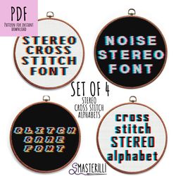 stereo alphabet cross stitch pattern pdf , set of 4 fonts for embroidery , modern 3d alphabet cross stitch letters