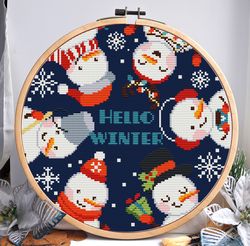 snowman cross stitch pattern, snowman ornament cross stitch, hello winter cross stitch, funny christmas cross stitch