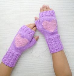 purple wool finger less gloves for kid 6-8 years old, handmade, hand knitted, wool arm warmers, soft yarn