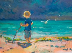 sea view beach landscape child seagull original oil painting child room wall decor