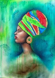 original large oil painting on canvas beautiful  african woman 70x100cm