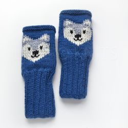 blue wool finger less gloves for kid 3-5 years old, handmade, hand knitted, wool arm warmers, soft yarn