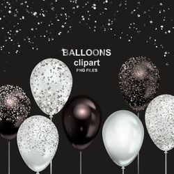 white and black balloons clipart, glitter balloons clipart, halloween decor, balloons bunches , party balloons, png