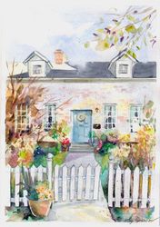 original watercolor painting spring cottage original art