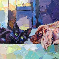 cat dog original impasto painting birthday gift