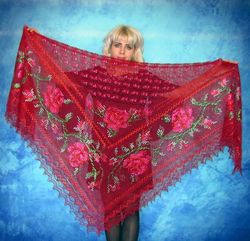 red embroidered orenburg russian shawl, lace wedding warm bridal cape, hand knit cover up, wool wrap, stole, kerchief