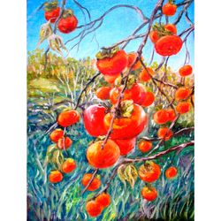 persimmon painting oil kitchen original art food artwork still life canvas art