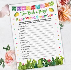 word scramble taco baby shower game, baby scramble taco bout a baby shower words game, taco baby shower scramble game