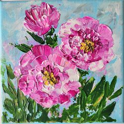 pink peonies painting on canvas pink flowers impasto painting peonies original artwork wall decor peony mini canvas