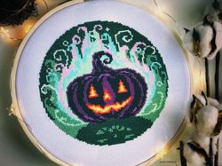 magic pumpkin cross stitch pattern pdf, halloween embroidery chart, gothic hoop art, fall diy decor, instant download