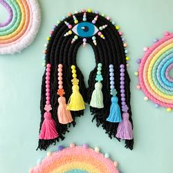 pastel macrame rainbow, woven wall hanging, pastel goth decor, unique halloween gift