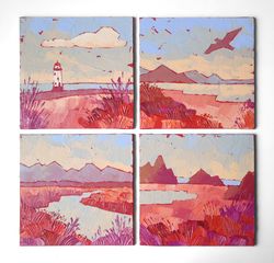 abstract landcape set of 4 original paintings landscapes orange blue art