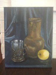 apple still life oil painting jar original painting glass coasters cloth vintage cutlery wall art handmade 12x9.5inch