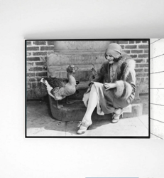 vintage photo printable woman with chicken, farmhouse wall art decor, vintage female photo, animal vintage print