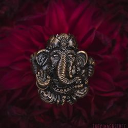 ganesha (dark) - knife bead, paracord lanyard bead, key chain bead, edc bead, leather bead - made of bronze