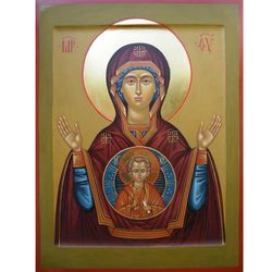 icon mother of god znameniye, our lady of the sign, orthodox icon, hand painted icon, original gold leaf, egg tempera