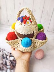 easter basket crochet pattern pdf, easter cake and eggs, crochet easter