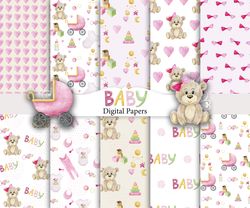 watercolor baby girl papers, seamless patterns.