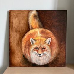 cute fat fox oil painting, original fox on canvas, animal painting, happy fox wall decor, woodland art