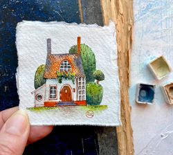 cottage painting original art collectable watercolor mini wall art by rubinova