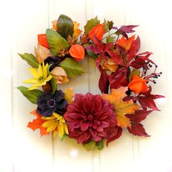 autumn wreath for front door decor. fall decor outdoor with handmade flowers. farmhouse decor. thanksgiving decor.