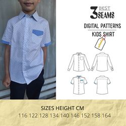 kids shirt pdf sewing patterns long sleeve / short sleeve medium-fit shirt / polo shirt/  size 116-164cm height