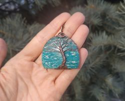 copper wire wrapped amazonite tree of life pendant necklace for women/men, protection amulet, viking yggdrasil necklace