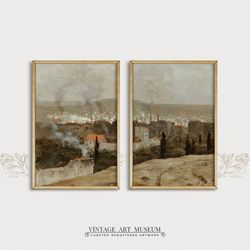 parisian landscape painting, vintage wall art 2 prints set, muted urban landscape, france farmhouse wall decor | 282 s2