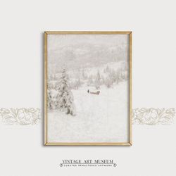 country snow landscape vintage winter wall art, tree painting farmhouse decor, printable downloadable | 155