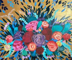 cacti and roses original acrylic painting on canvas abstract flowers bouquet mexican art mid century style decor gift